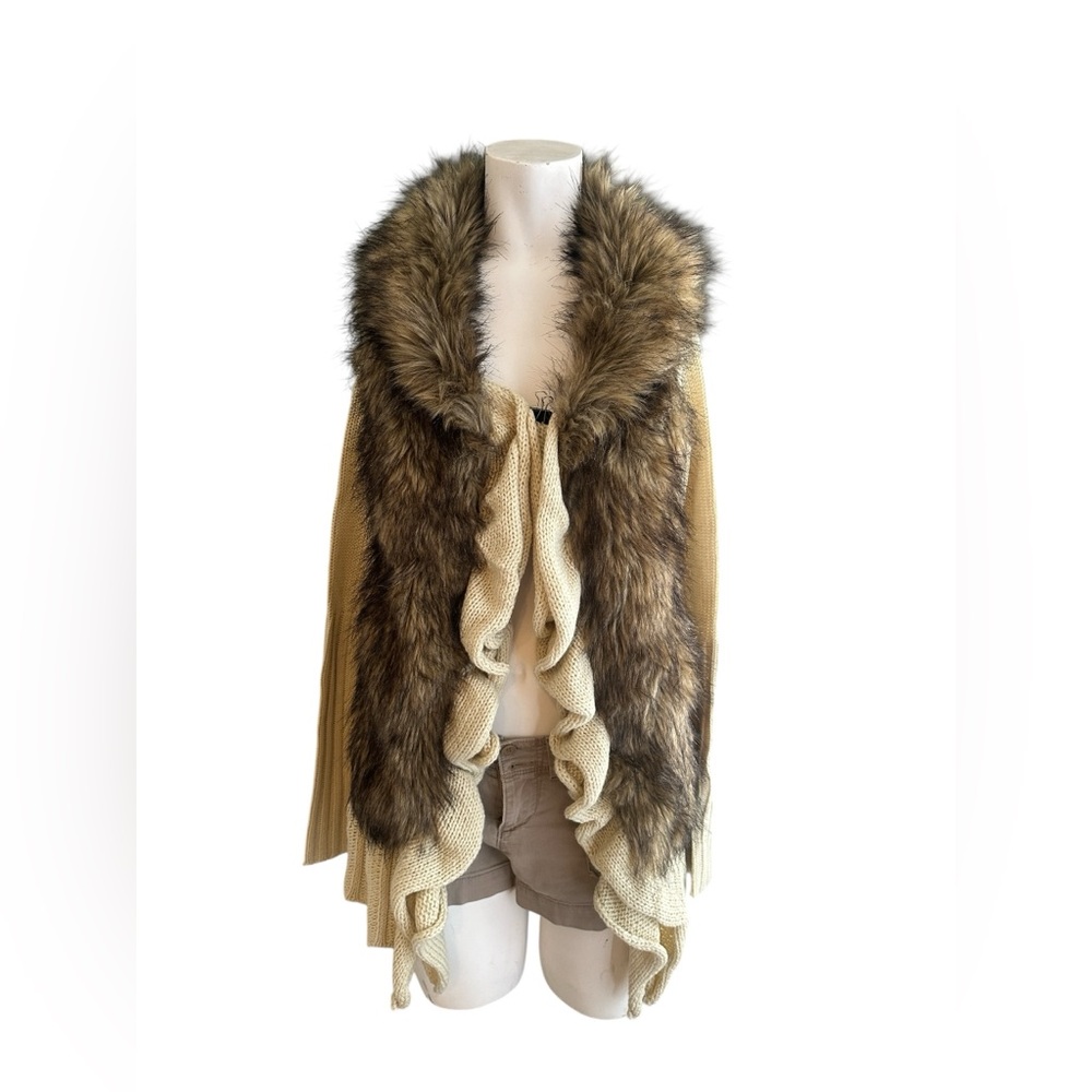 2K Fairy Grunge Faux Fur Chunky Knit Open Cardigan Women’s Chocolate Beige XS